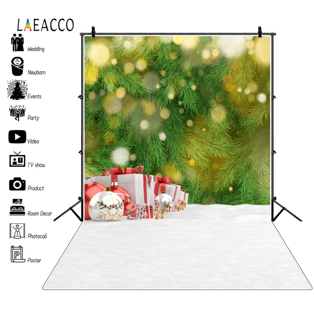 Laeacco рождественские фотографии фоны сосновые ветки подарки шар светильник боке