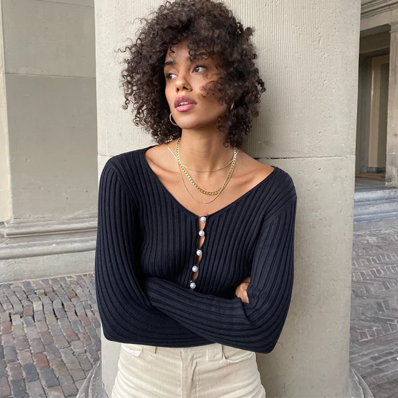 Женский укороченный Топ с длинным рукавом хлопковая футболка на пуговицах