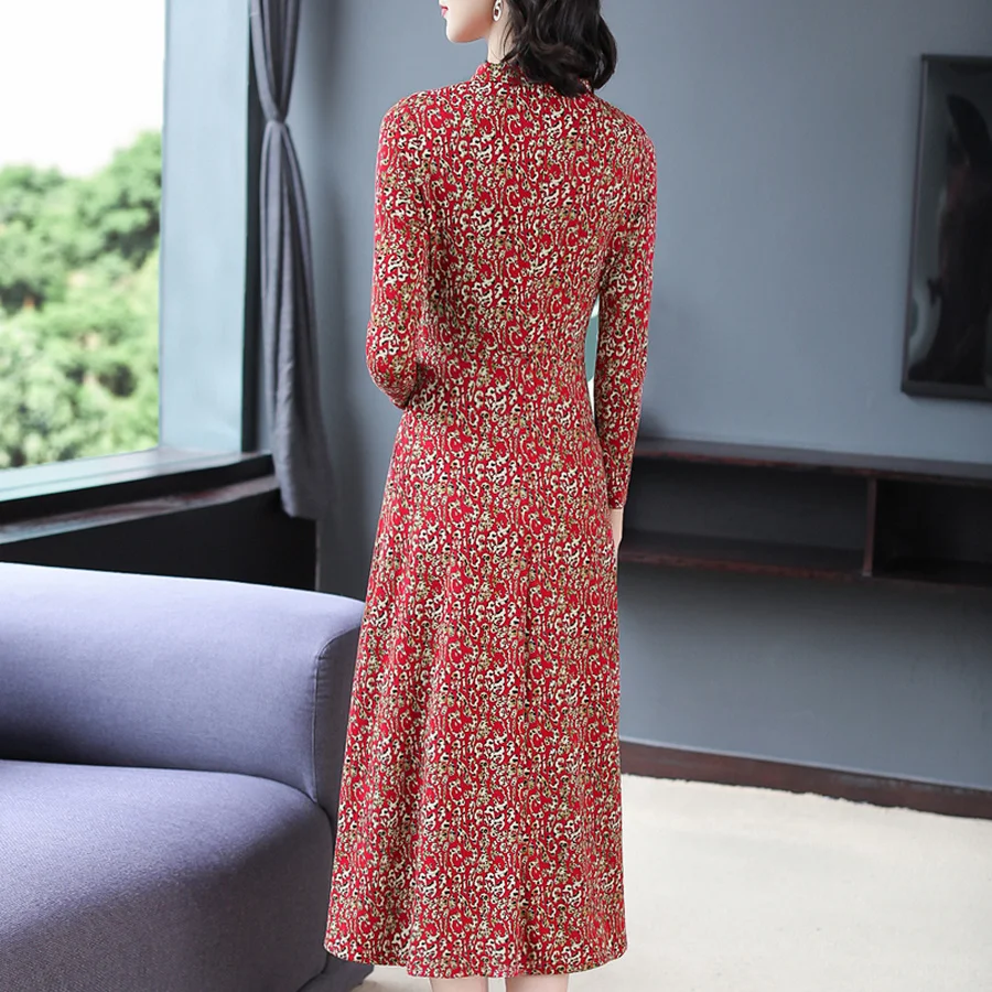 Женское винтажное красное платье миди с принтом осенне зимнее большого размера