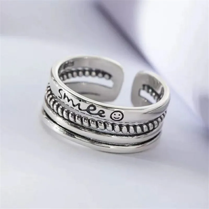 

925 Silver Women Vintage Smile Face Multi-layered Weaving Rings European Style Girls Hiphop Fashion Do Old Distressed Chic Rings
