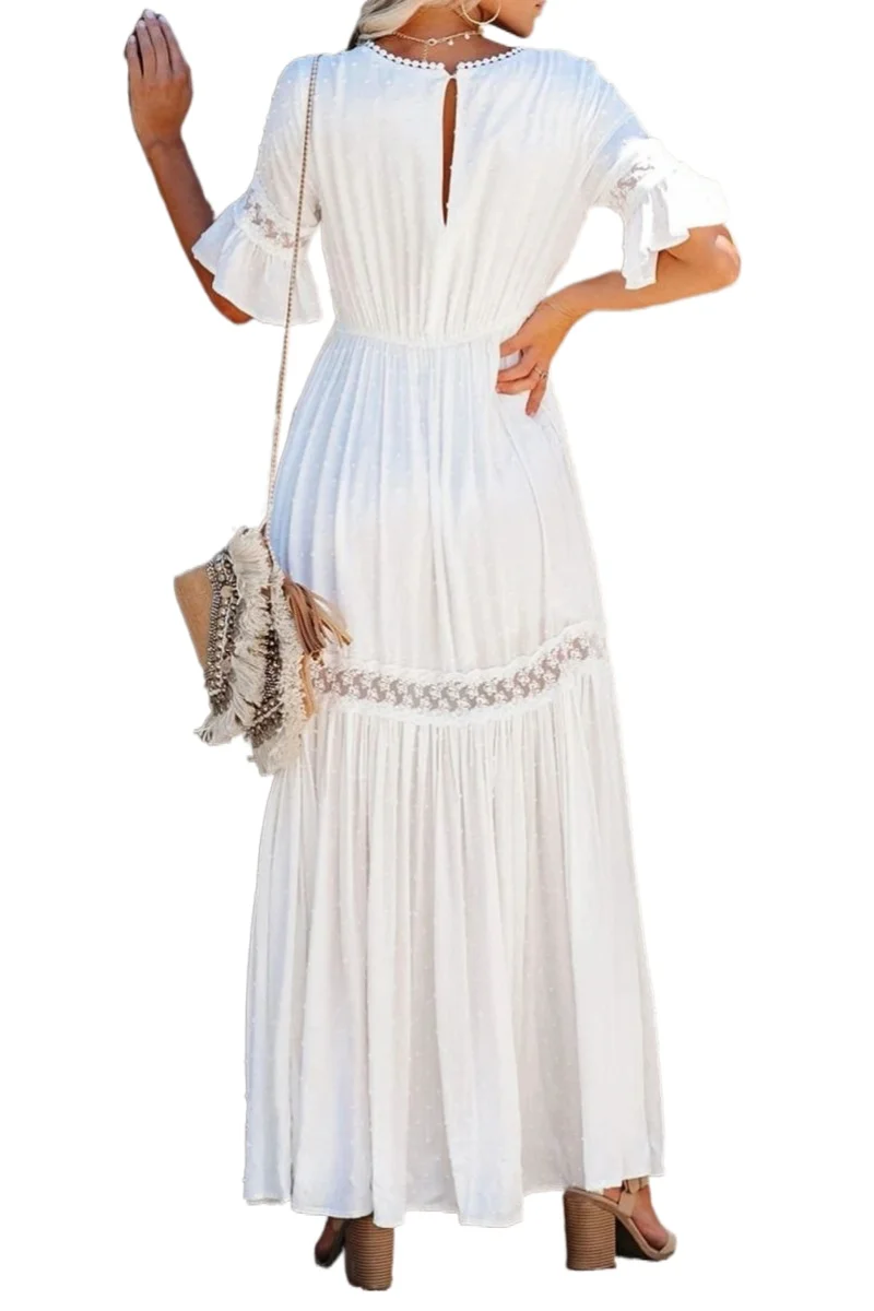 

Длинное однотонное кружевное платье, с коротким рукавом, V-образным вырезом, весна-лето, 2021