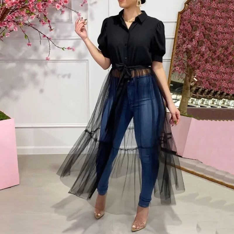 

Women Sexy Mesh Solid Shirt Splicing Long Dress Summer Short Sleeve High Street Shirt Dress