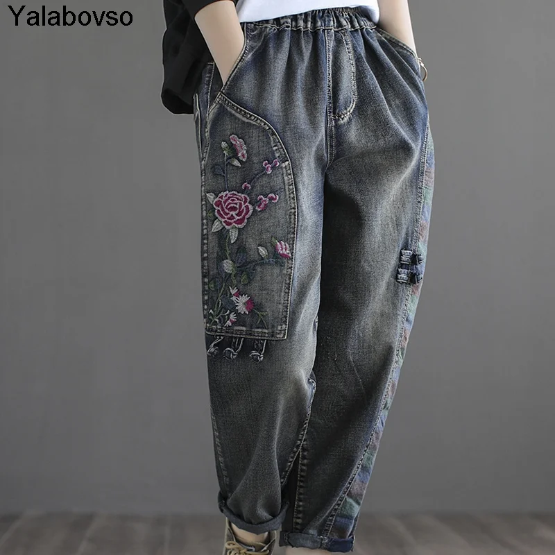 Женские осенние штаны-шаровары в этническом стиле с эластичной резинкой на талии