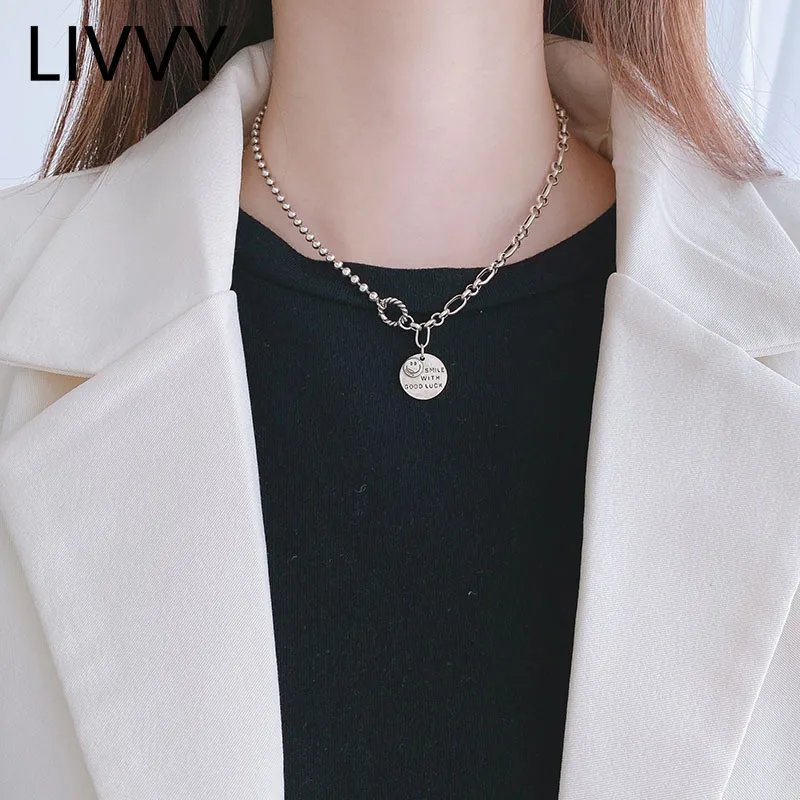 

LIVVY Thai Silver Color Smiling Face Pendant Necklace Smile With Good Luck Letter Clavicle Chain Party Jewelry Gifts for Women