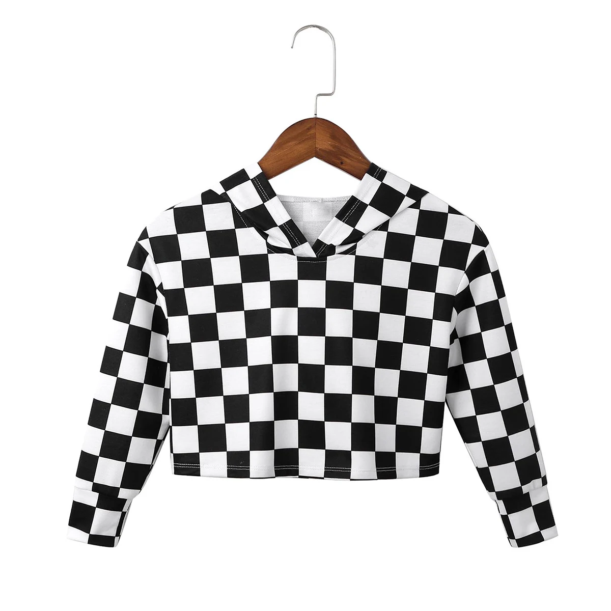 

Свитшот с капюшоном для девочек-подростков, кроп-топы, клетчатая Толстовка с длинным рукавом, пуловер, Повседневные Спортивные укороченные ...