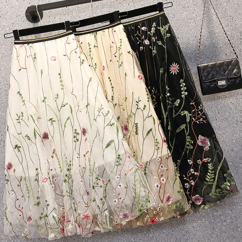 

Limiguyue Women Slim Mesh Skirt Fashion Flowers Embroidery Gauze long skirt Ladies Sweet Summer Casual Floral Midi Skirts K618