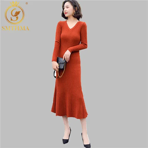 Новинка сезон осень зима вязаные женские свитера платья теплый длинный рукав