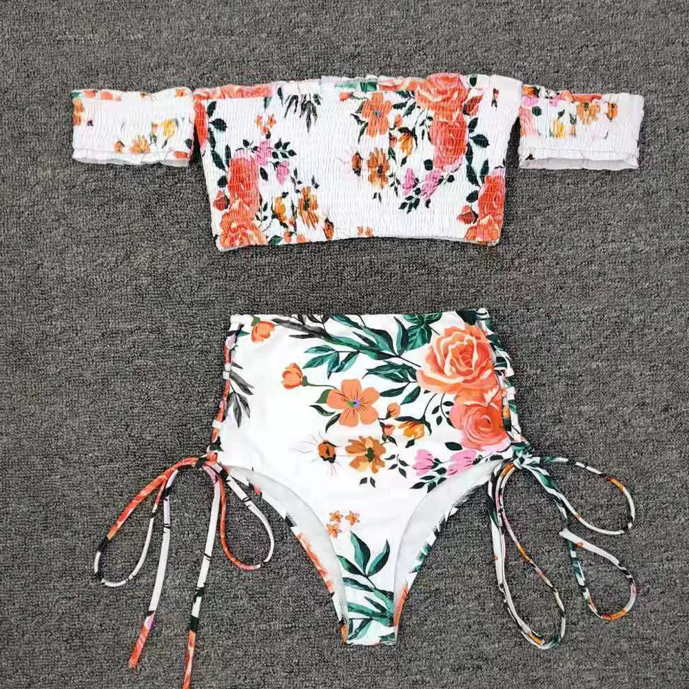 Женский купальник с открытыми плечами бикини цветочным принтом и мягкими