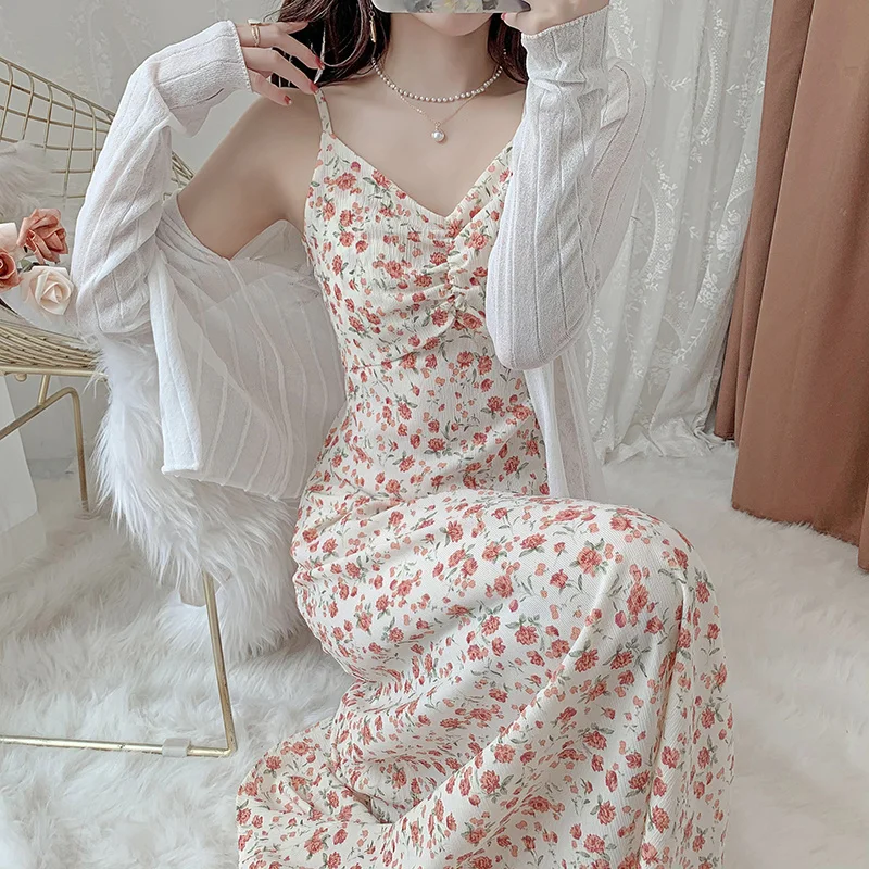 

Нежное женское платье на бретелях в стиле Хепберн, летнее соленое милое платье с цветочным принтом, платье из двух частей, вязаный свитер