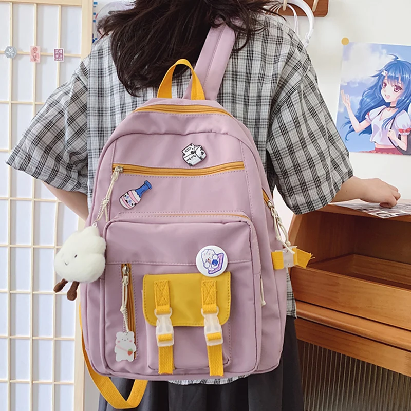 

EST 2021 Kawaii Backpack Bags for Women Patchwork Shoulders Travel Schhoolbag Teenager Girls Book Badge Casual Mochilas Bolsa