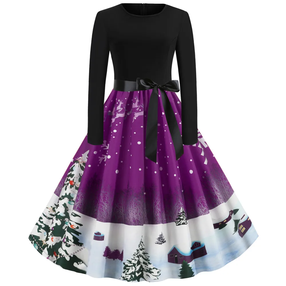 

Winter Christmas Dresses Women Vintage Robe Swing Pinup Elegant Party Dress Long Sleeve Casual Plus Size Print Black