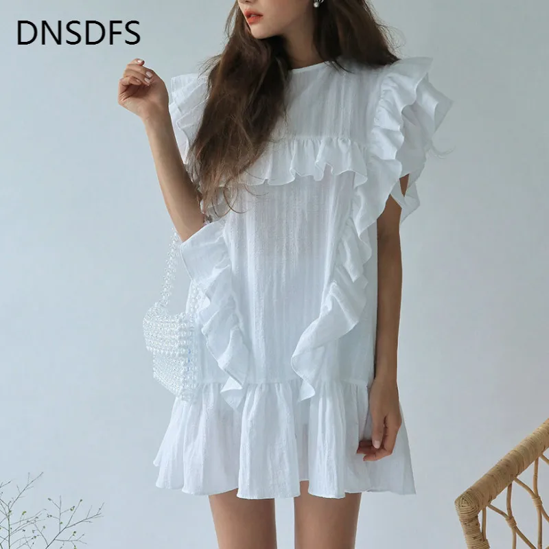 Женское летнее платье 2019 свободное пикантное с оборками без рукавов