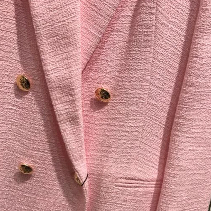 

2021 Spring Autumn Women Fashion Vintage Pink Tweed Blazer Coat Chic Pockets Suit Jacket Female Office Outerwear
