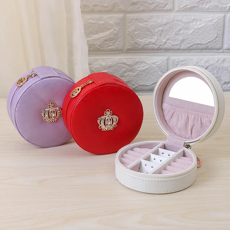 

Korean Crown Jewelry Box Organizer Travel Portable Leather Ring Bracelet Earring Display Storage Round Box Case with Mirror