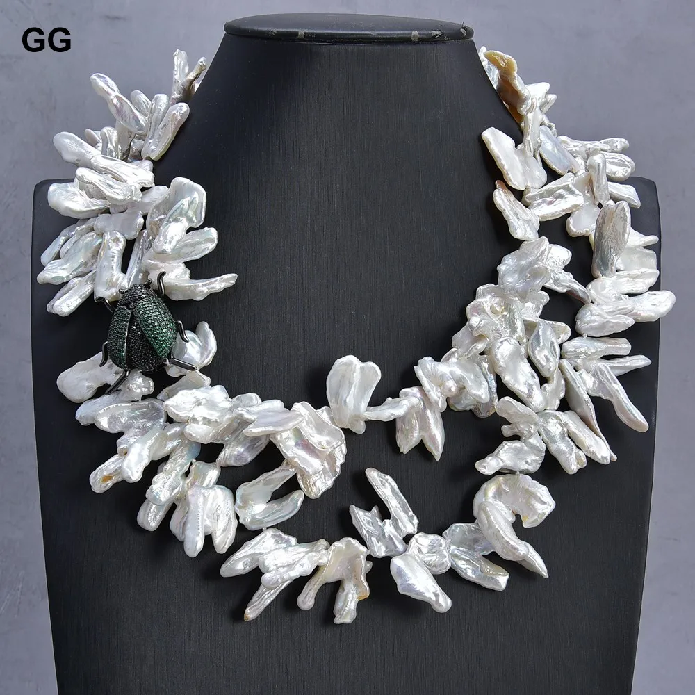 

GuaiGuai Jewelry 2 Strands Natural White Keshi Biwa Pearl Necklace CZ Pave Insect Pendant 18" For Women