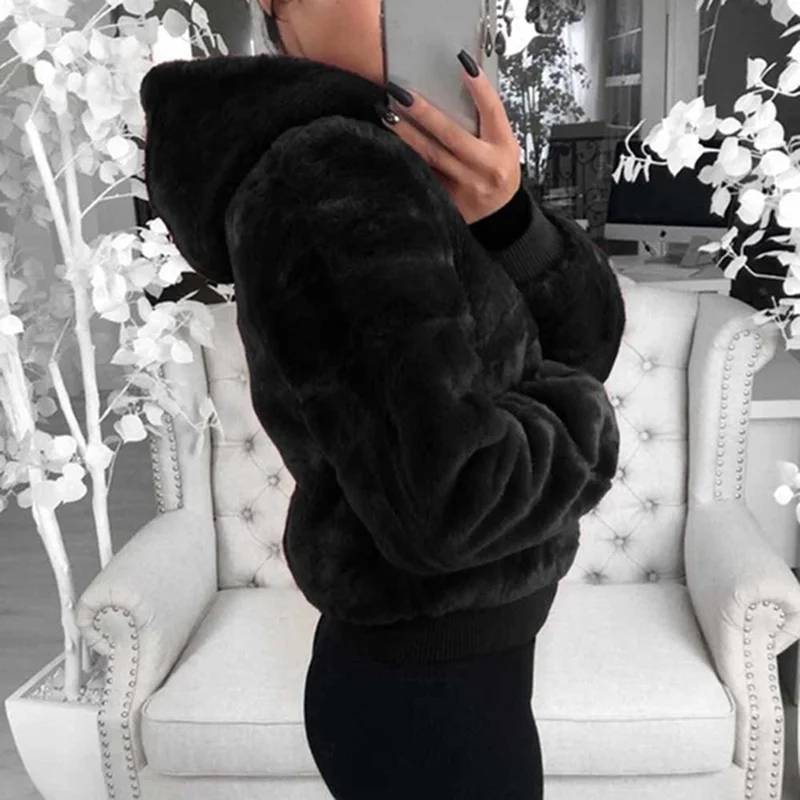 

2021 New Faux Fur Women Coat With Hood High Waist Fashion Slim Black Wine Red Faux Fur Jacket Fake Rabbit Fur Coats