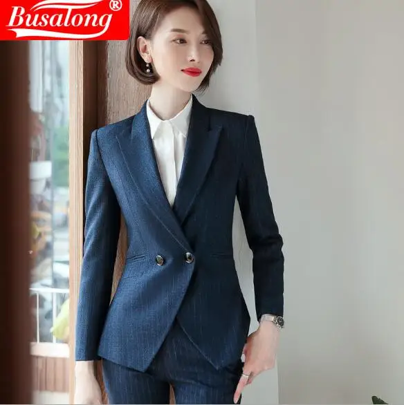 2019 двубортный черный navyblue полосатый жакет и брюки с длинным рукавом Женские