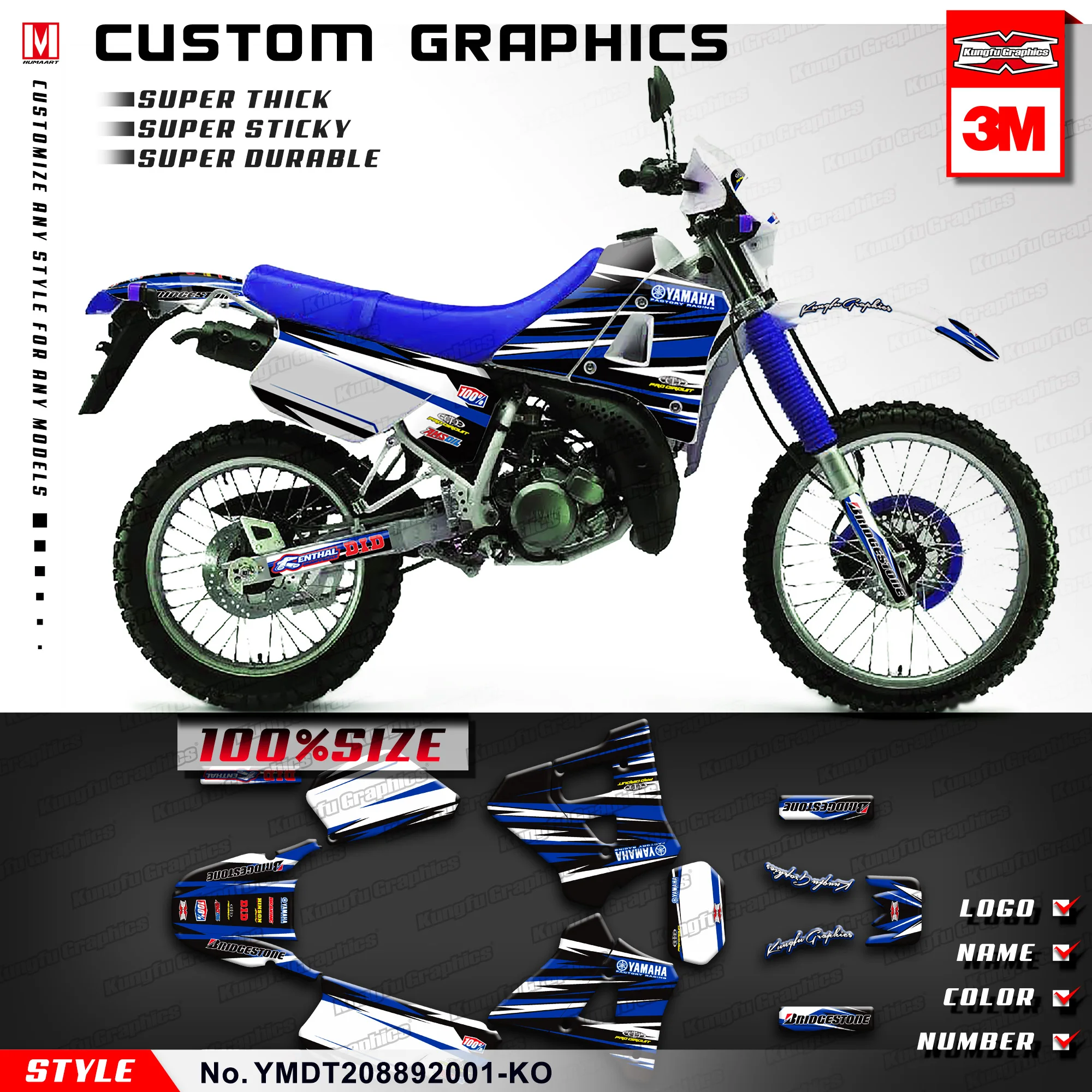 KUNGFU графика мотоцикл виниловые наклейки на заказ комплект обертывания для Yamaha DT 200 125 R DT200R DT125R 1988 1989 1990 1991 1992