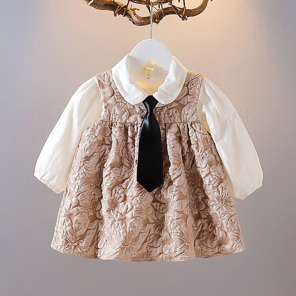 

Новинка 2021, Топ с длинным рукавом и платье без рукавов с отворотом на весну и осень, одежда для маленьких девочек из 2 предметов, платье для но...