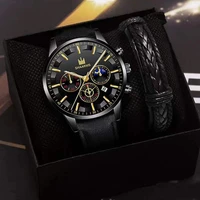 men watches male calendar casual quartz watch relogio masculino mens business wristwatch with braided black bangle 2pcs and box