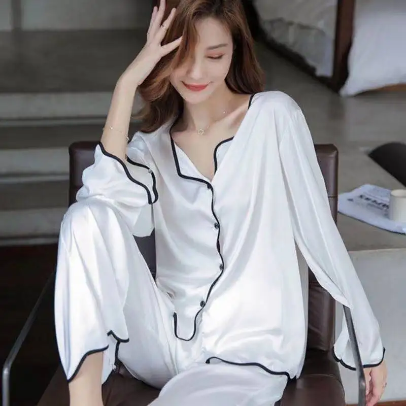 2021 Spring New Style Spring Summer Sexy Ice Silk Pajamas Set Solid Color Long Sleeve Trousers Edging Home Clothes Sleepwear