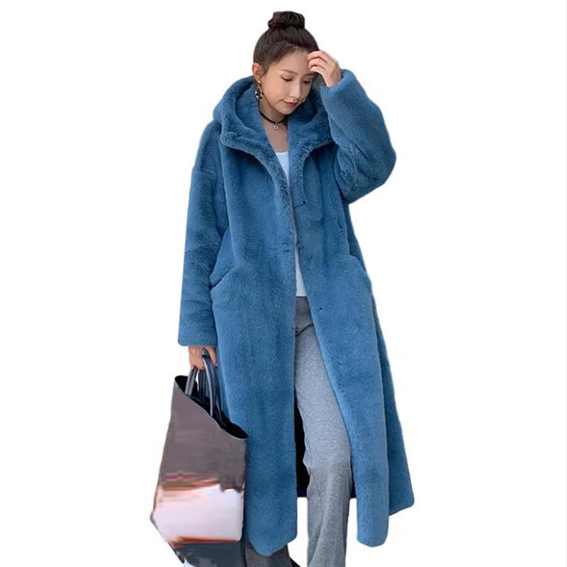 

Winter Coat Women Faux Rabbit Hair Fur Coat Korean Hooded Imitation Mink Hair Long Jacket Loose Thick Warm Faux Fur Jacket Tide