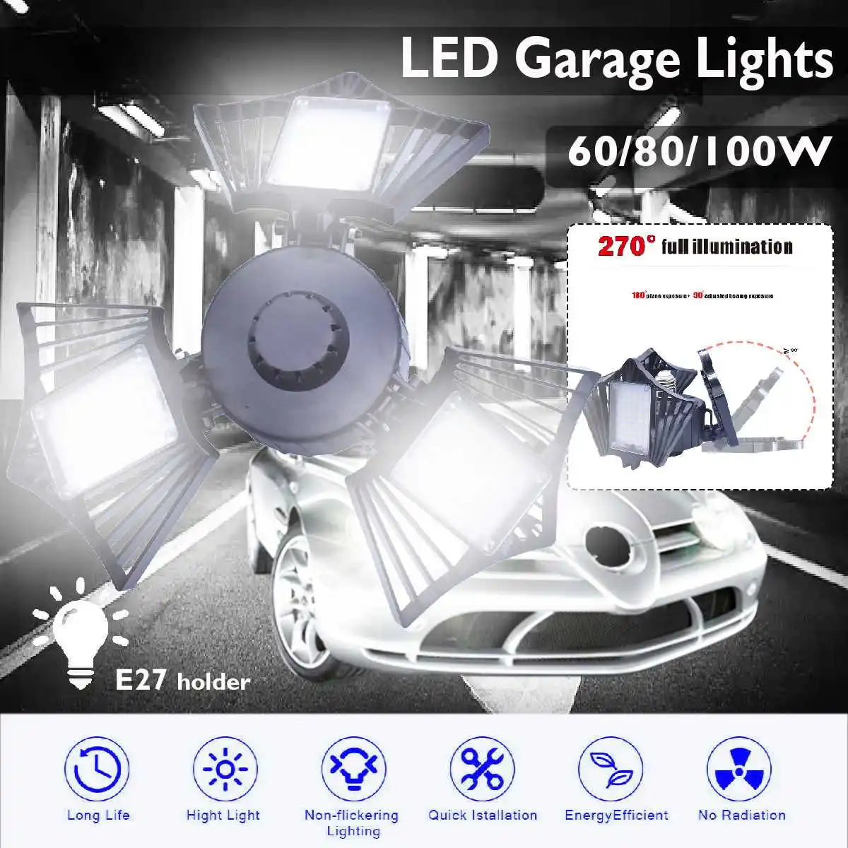 

100/80/60w Deformable folding lamp LED Garage Lights E27 Led Light three leaf mining lamp 6000LM glow light Industrial Lighting
