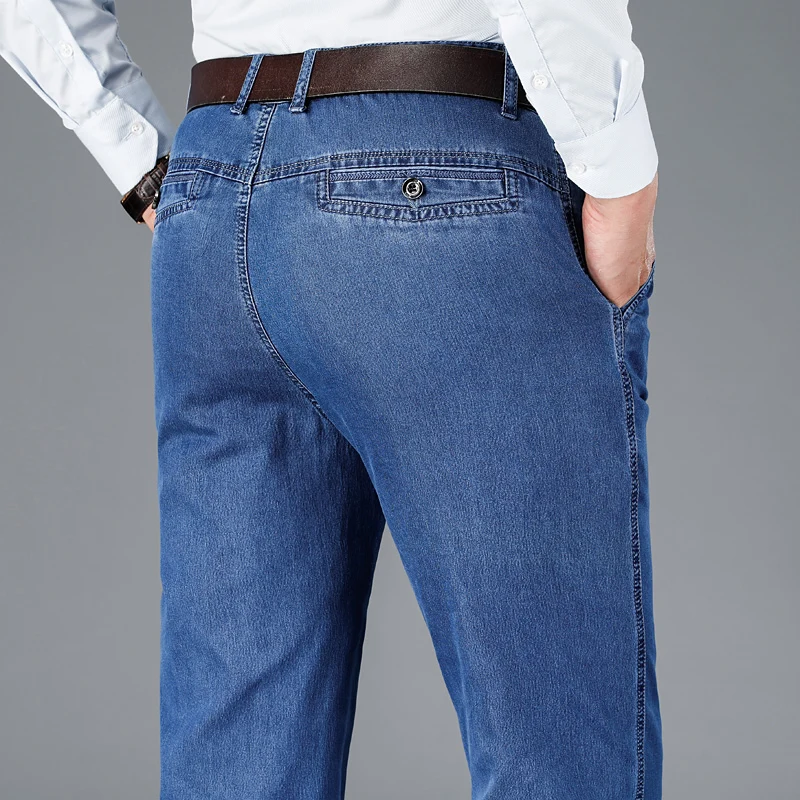 

Men High Waist Business Jeans 2022 New Spring and Summer Men's Relaxed Fit Jean Classic Blue Stretch Denim Trouser