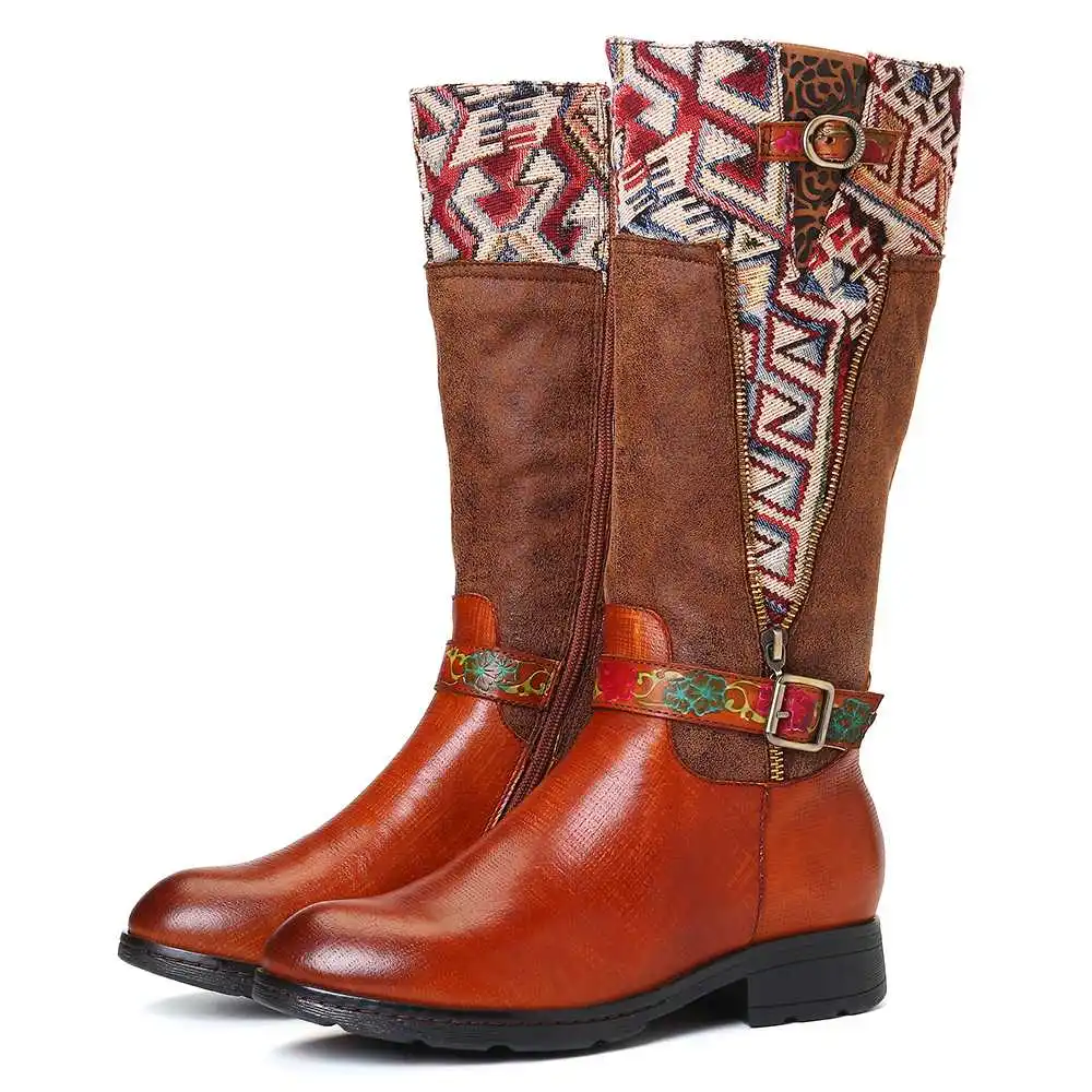 SOCOFY Botas mujer; ботинки из натуральной кожи с квадратным узором; ботинки до середины икры на мягкой плоской подошве; обувь на каблуке; женская зимняя обувь