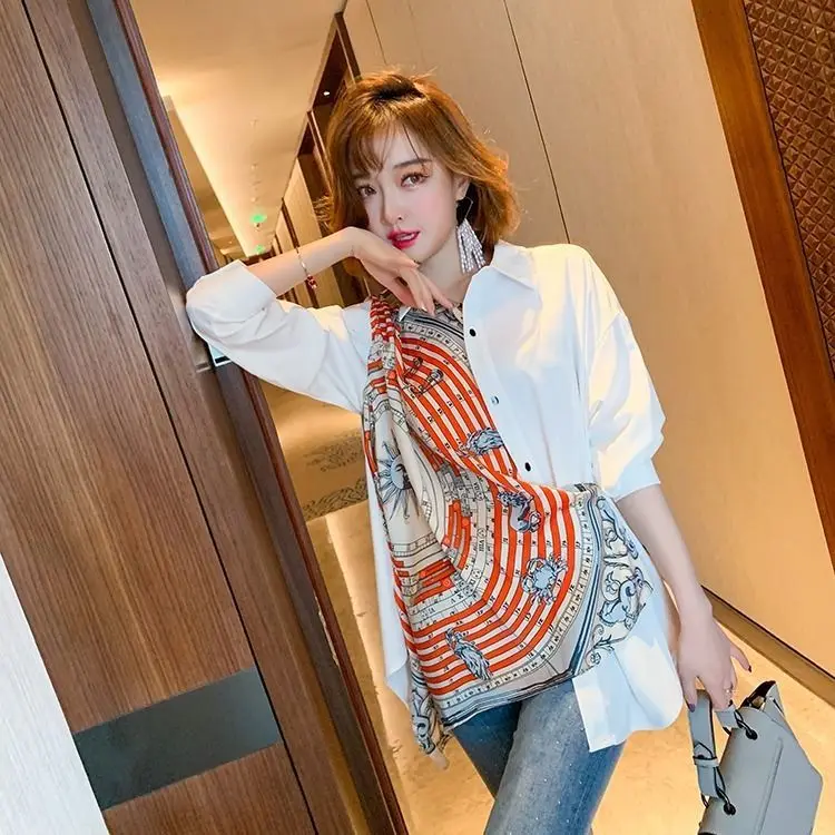 

2021 spring and Autumn New Retro printed scarves personalized splicing Lapel casual versatile shirt