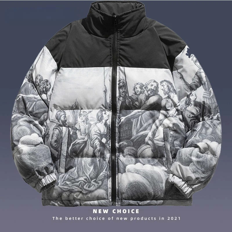 

Утолщенная теплая парка для мужчин, уличная одежда, винтажный пуховик с росписью, Мужская зимняя одежда в стиле хип-хоп, Харадзюку, атмосфер...