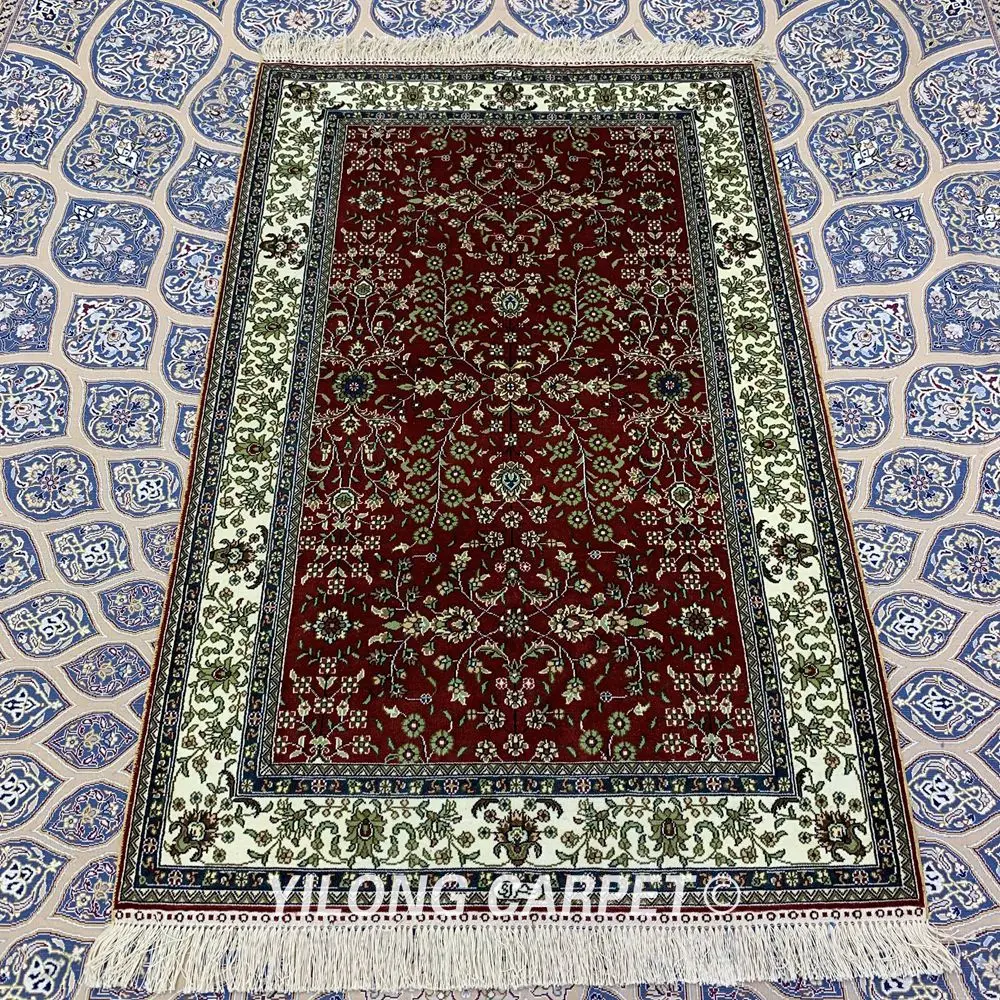 Yilong 3 'x 5' Античный персидский шелковый коврик Тебриз Красный винтажный