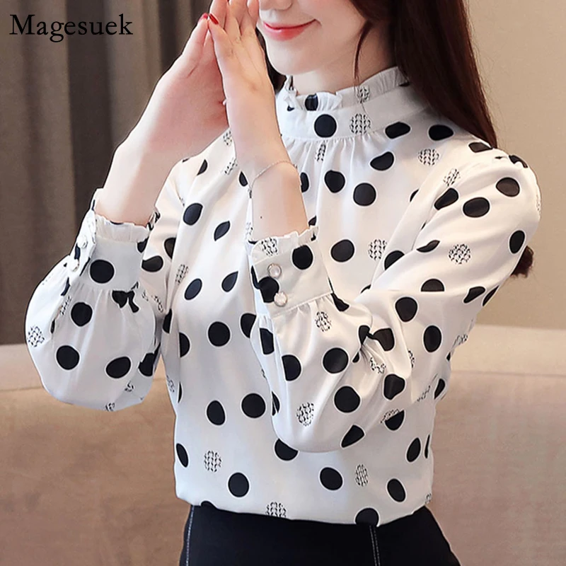 

Women Elegant Polka Dot Women Blouse Fashion Chiffon White Shirt 2021 Autumn Casual Stand Collar Long Sleeve Shirt Women 6113 50