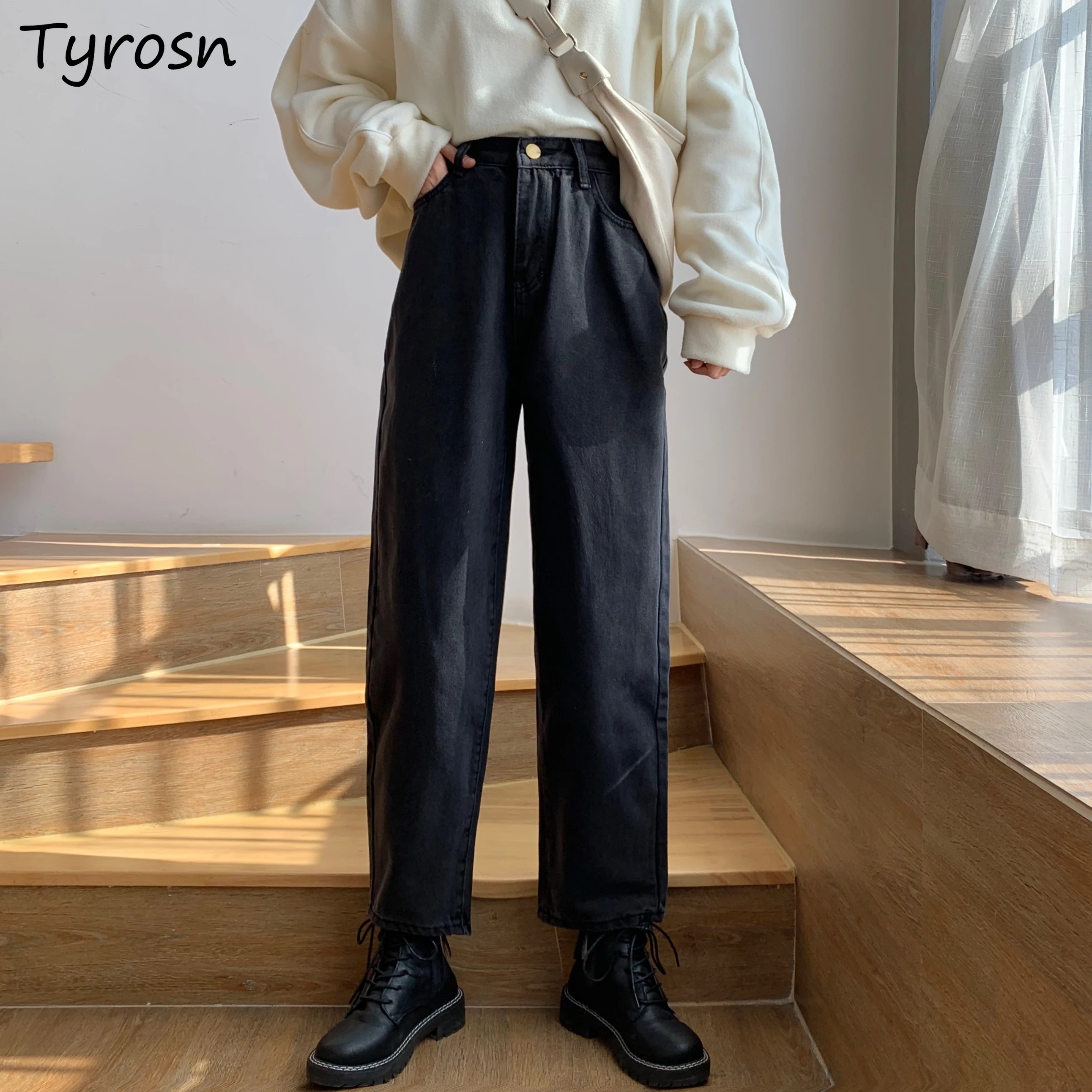 

Ankle-length Jeans Women High Waist Solid Chic Simple Black Denim Trousers Japan Style All-match Femme Streetwear Retro Harajuku