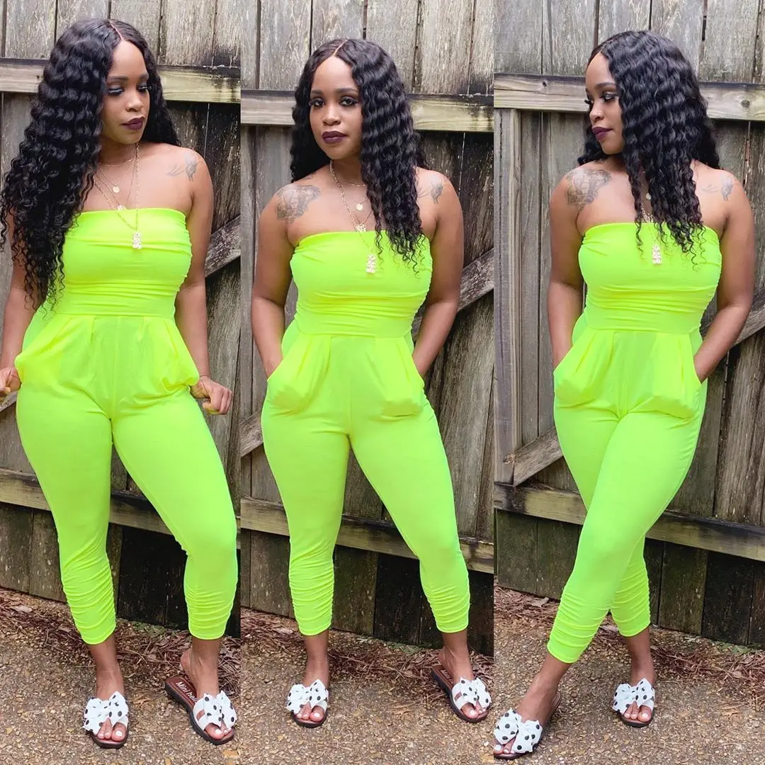 

Women Neon Green Strapless Jumpsuits Sexy Long Pants Bodycon Rompers Elegant Summer One Piece Night Club Playsuit Overalls