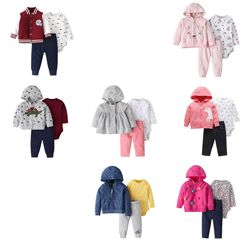 

Summer Baby Girl Clothes Newborn 3-Piece Clothing Hooded Sweatshirt Long Pants Cartoon Print Baby Romper Set Cotton Cute 6M-24M