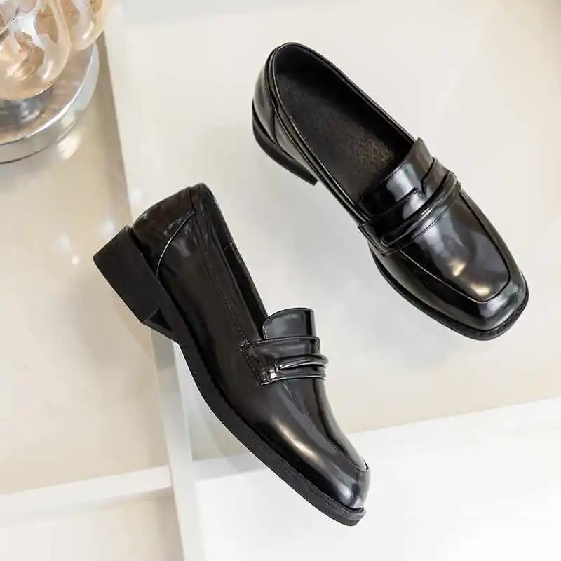 

Lenkisen handsome British style solid slip on basic leisure shoes square toe low heels daily wear women punk fashion pumps L3x