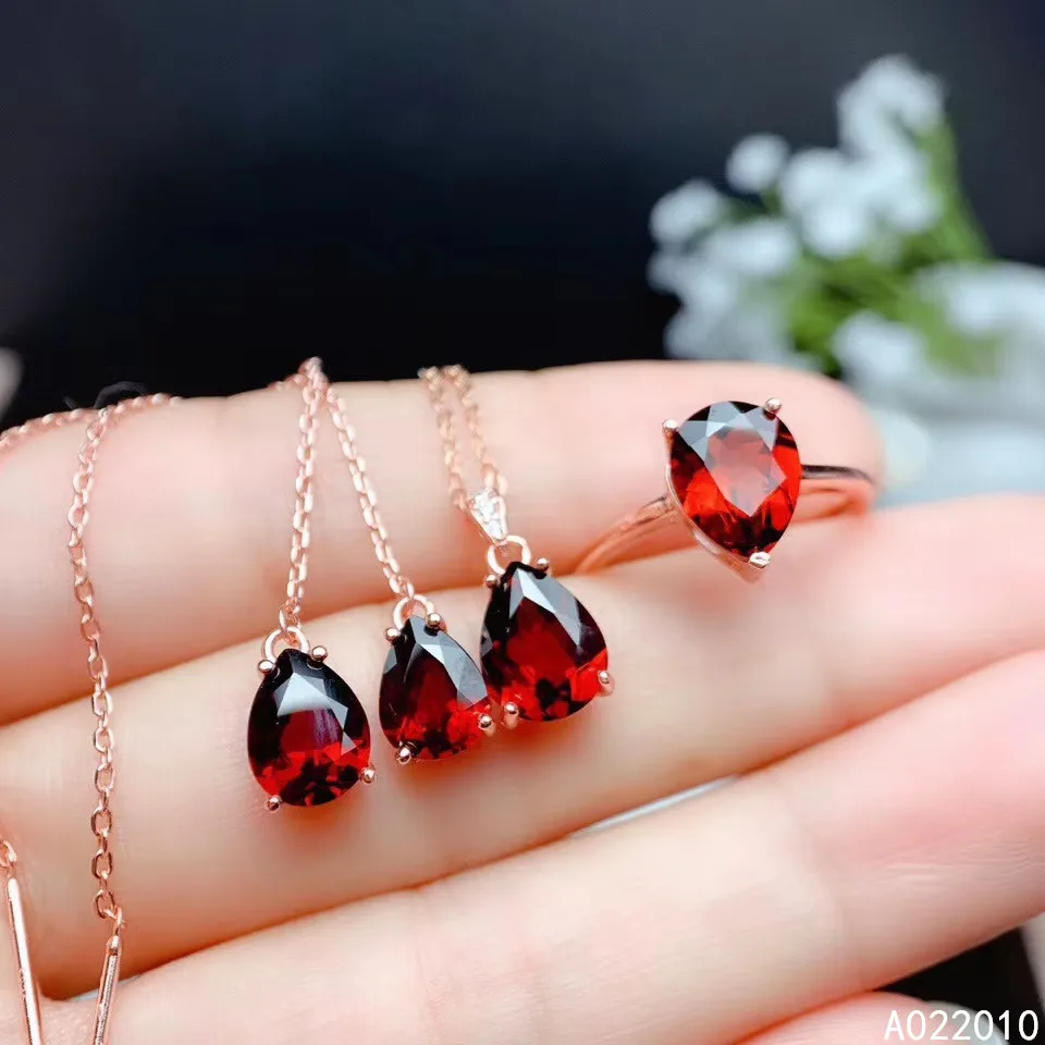 

KJJEAXCMY Fine Jewelry 925 sterling silver inlaid natural garnet ring pendant earring set fashion supports test hot selling