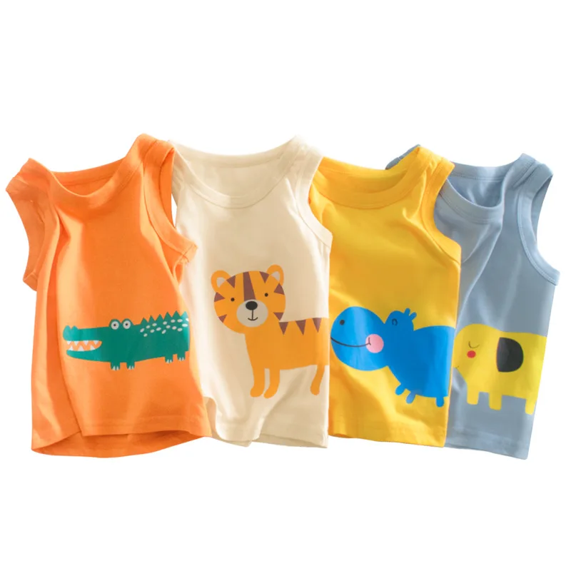 

2021 Summer 2-7 Years Old Boy Cotton Thin Breathable Sleeveless Top Cute Cartoon Animal Print Daily Casual O-neck Vest