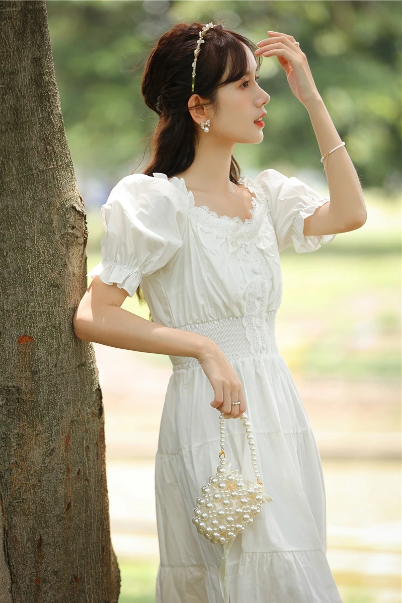 

Elegant Retro Sweet French White Princess Dress Women Slim Waist Puff Short Sleeve Formal Dress 2021 Summer New Fashion Clothing
