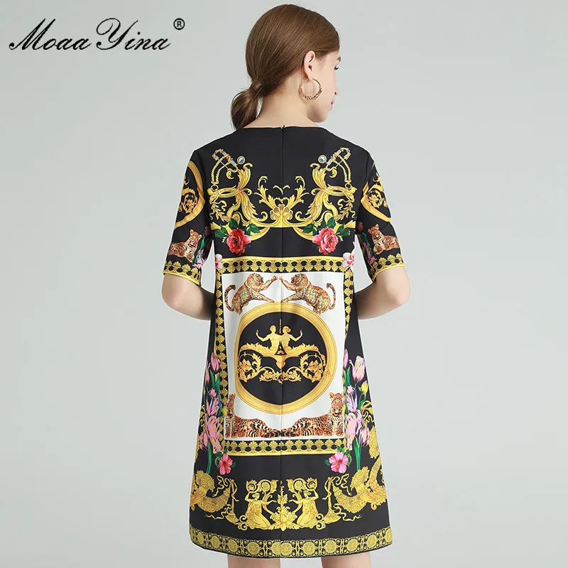 

MoaaYina Fashion Designer dress Summer Women's Dress Short sleeve Baroque Vintage Floral-Print Sequins Dresses