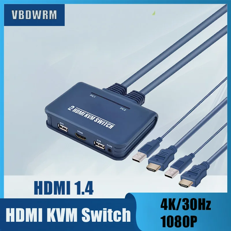 

KVM-переключатель с 2 портами 4K HDMI-совместимый с кабелями, 4-портовый HD KVM USB HDMI-совместимый коммутатор-сплиттер 1080P 4K/30 Гц