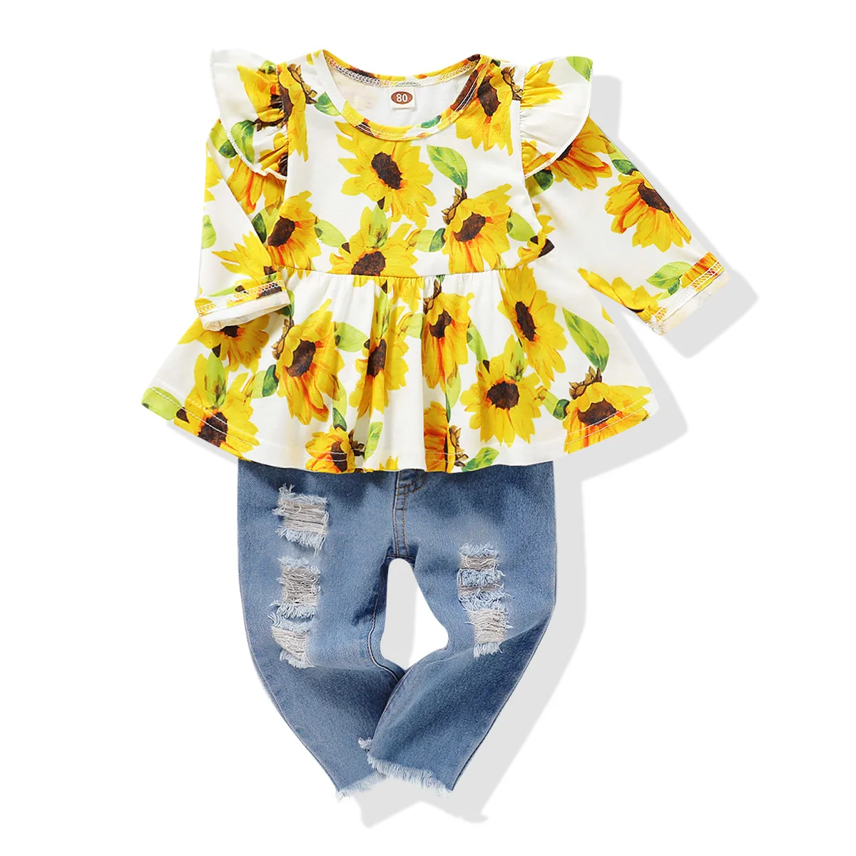 

Children Spring Clothes 1-5T Ripped Jeans Set Baby Girl Pretty Flower Outfits 2PCS Long Sleeve Bow Decor Causal Top Set