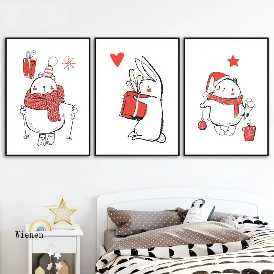 

Nordic Canvas Painting Cartoon Bear Rabbit Snowman Christmas Tree Art Poster and Prints Wall Pictures Baby Kids Room Decor