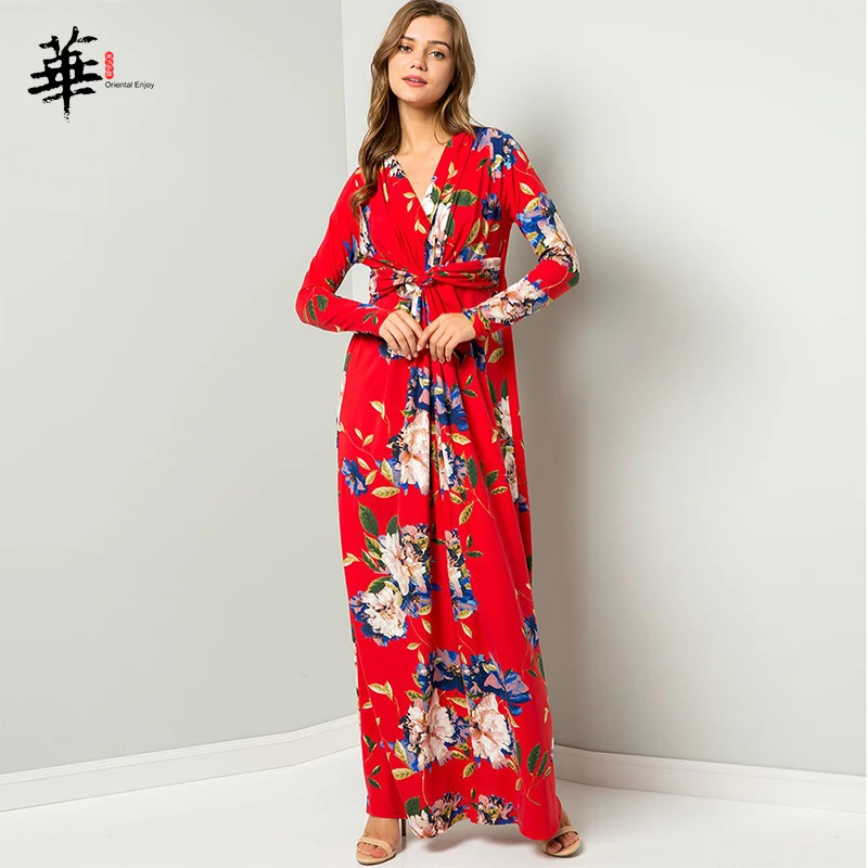 Осенне зимнее платье макси с цветочным принтом и v образным вырезом поясом