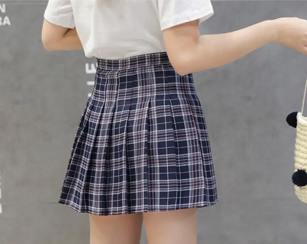 Мини юбка женская плиссированная клетчатая с высокой талией трапециевидная