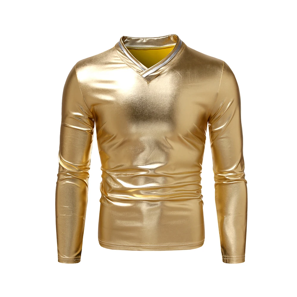 

Mens Long Sleeve T-Shirt Classic Glossy V-neck Tops Slim Fit Formal Party Pullover Casual Solid Shirt Blouse Fashion Clothes