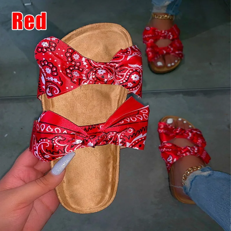 Сандалии женские с бантом пляжные тапочки на плоской подошве открытым носком