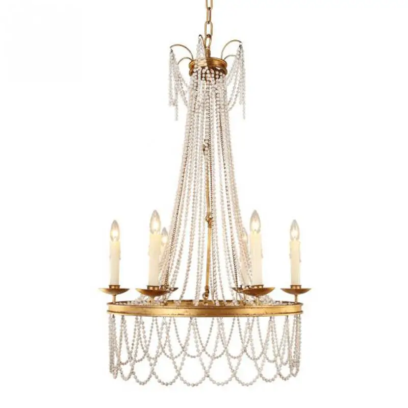 Старинный золотой подвесной светильник люстра из дерева с бусинами Винтажный