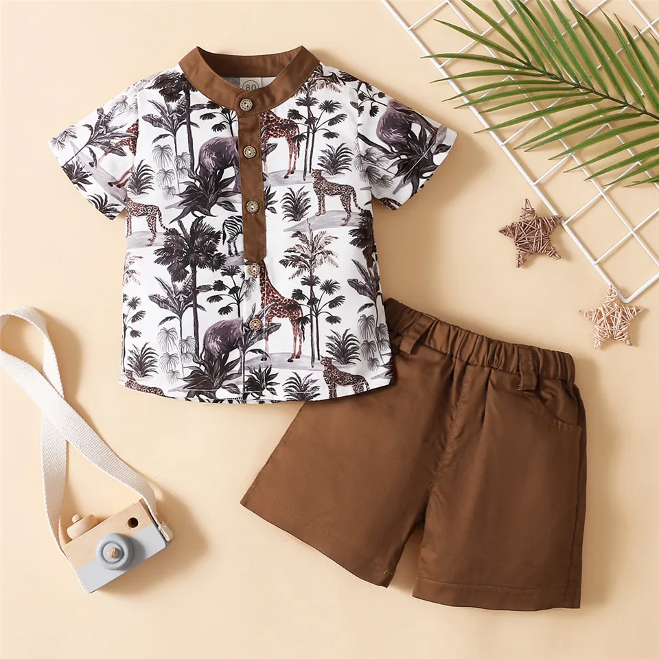 

WenaZao Boy’s Clothes Two Piece Set Cartoon Animal Plants Short Sleeve Shirt and Short Pants Kid Boys Summer Casual Clothing Set